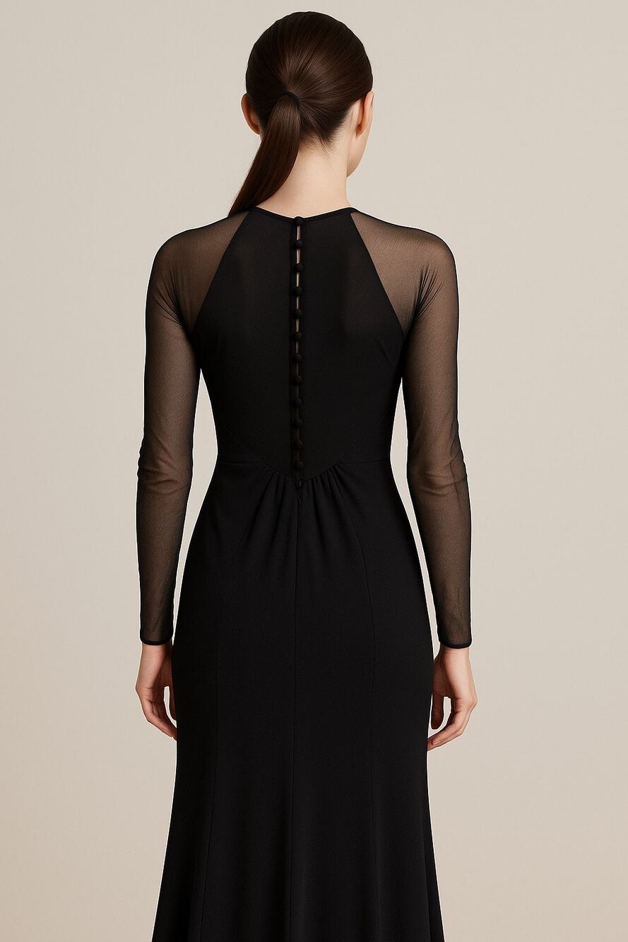 Vintage 90s Ann Taylor Mesh Sleeve Victorian Button Back Midi Dress Black Size 2